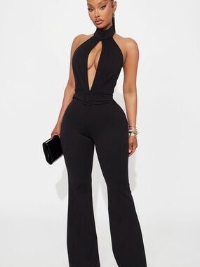 Fashion Nova Black Halter Cutout Belted Jumpsuit